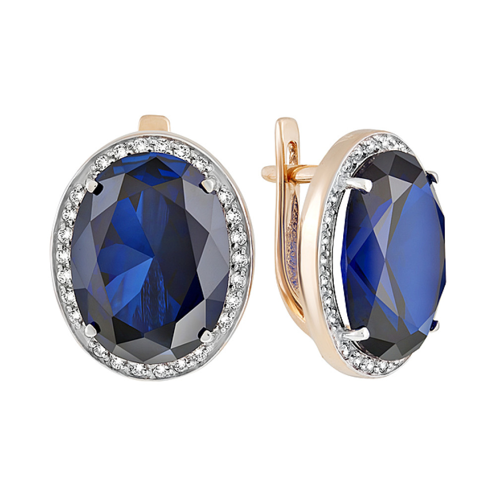 Золотые серьги с сапфиром иск.выр. и фианитом № 129946