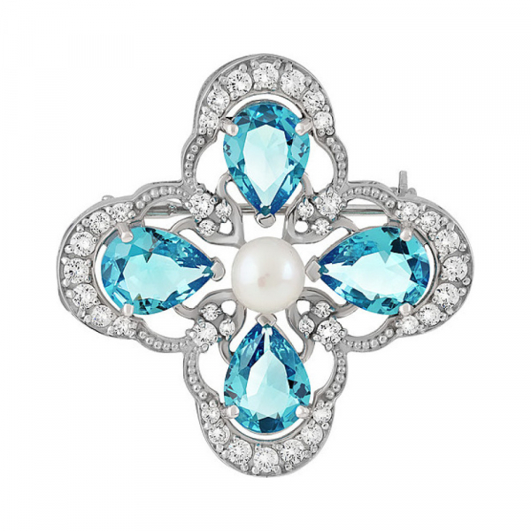 Серебряная брошь с алпанитом,жемчугом и фианитом № 135320