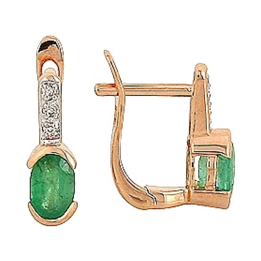 Золотые серьги с бриллиантом и изумрудом № 69118