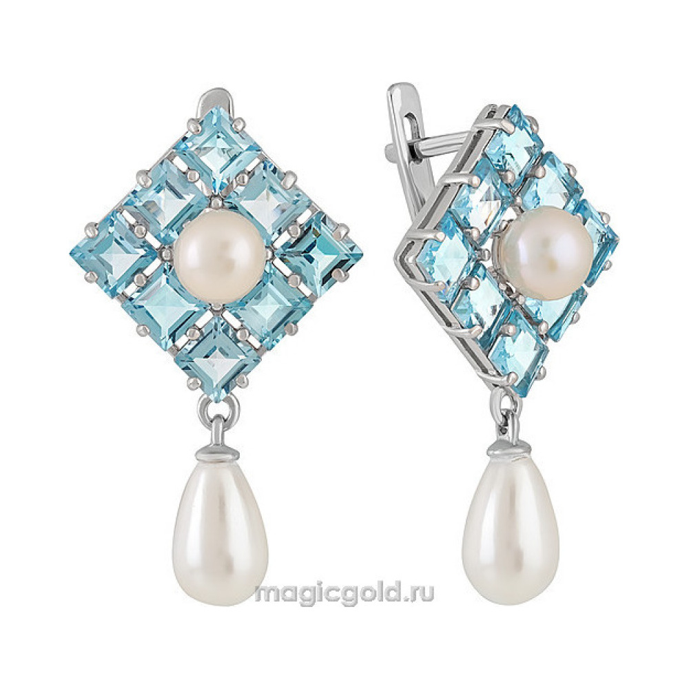 Серебряные серьги с топазом, жемчугом и перламутровым жемчугом № 134769
