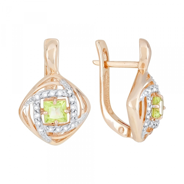 Золотые серьги с хризолитом и фианитом № 117894