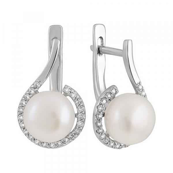 Серебряные серьги с жемчугом и фианитом № 131548