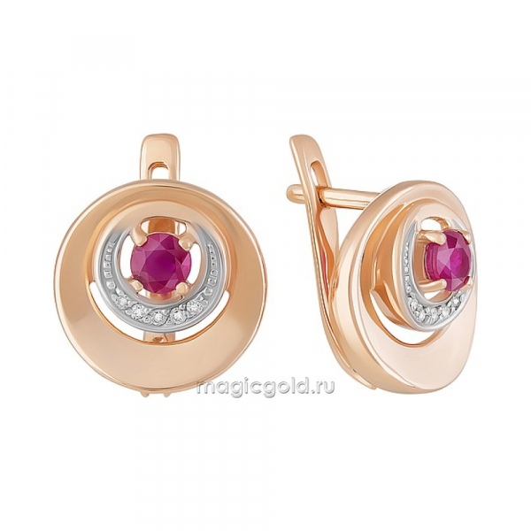Золотые серьги с бриллиантом и рубином № 160634