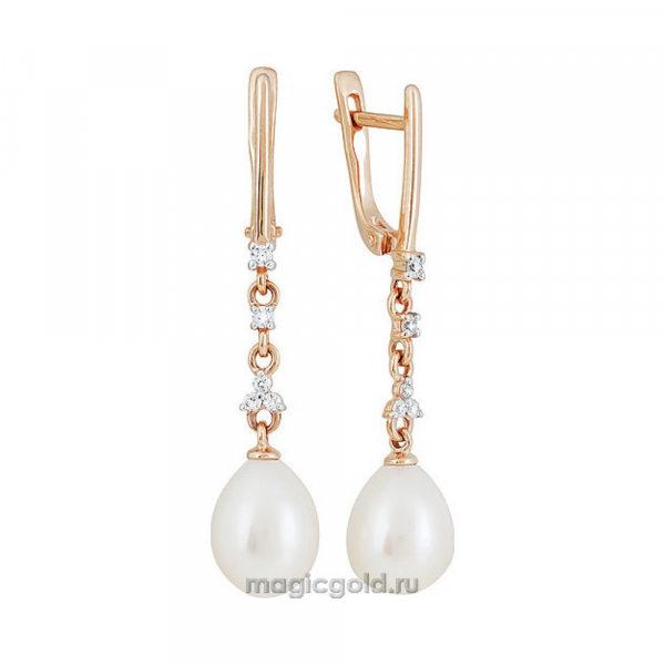 Золотые серьги с жемчугом и фианитом № 134514