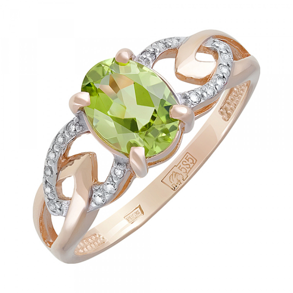 Золотое кольцо с хризолитом и фианитом № 124104