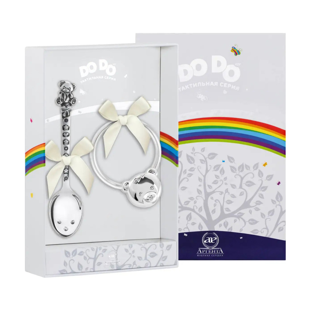 Набор для малышей DODO Мишка с бантом: ложка и погремушка из серебра 925 пробы