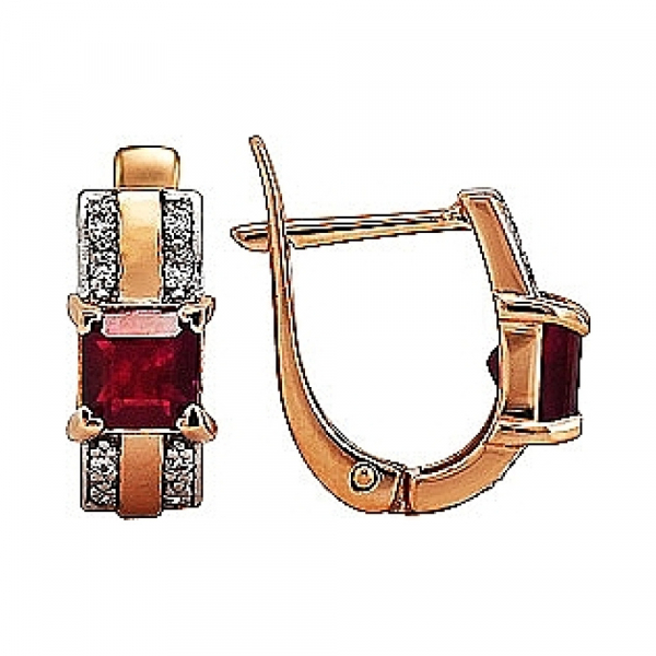 Золотые серьги с бриллиантом и рубином № 104393