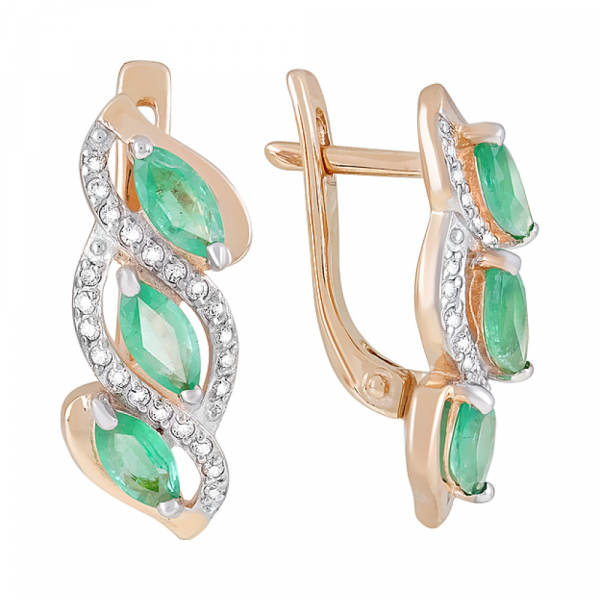 Золотые серьги с бриллиантом и изумрудом № 123185