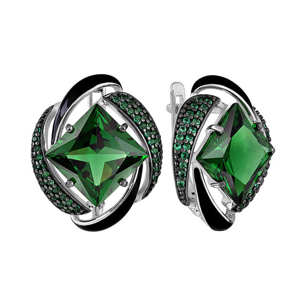 Серебряные серьги с наноситалом фианитом и эмалью № 136432