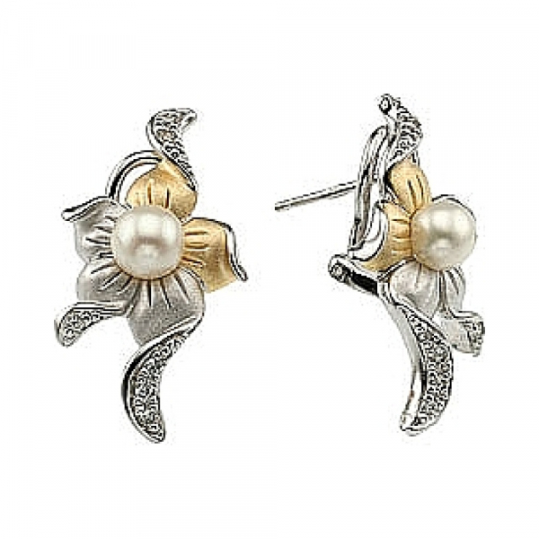 Серебряные серьги с зол. покрытием, фианитом иимитац. жемчуга № 33789