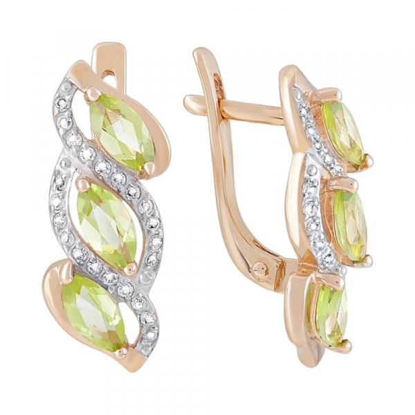 Золотые серьги с хризолитом и фианитом № 117977