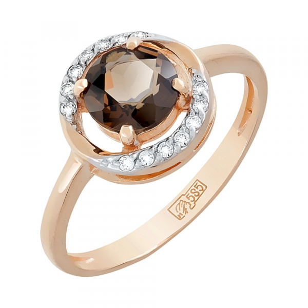 Золотое кольцо с раухтопазом и фианитом № 117912