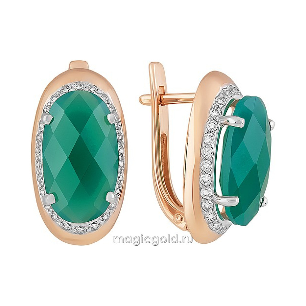 Золотые серьги с зеленым ониксом и фианитом № 162928
