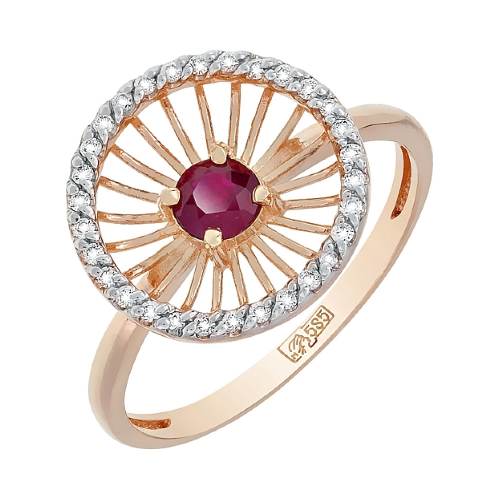 Золотое кольцо с бриллиантом и рубином № 117361