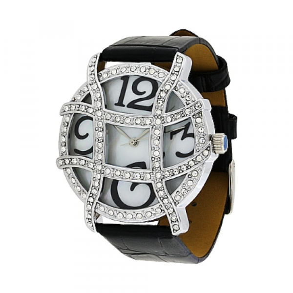 Часы кварцевые Magic Time с фианитами и перламутром на черном ремешке № 85374