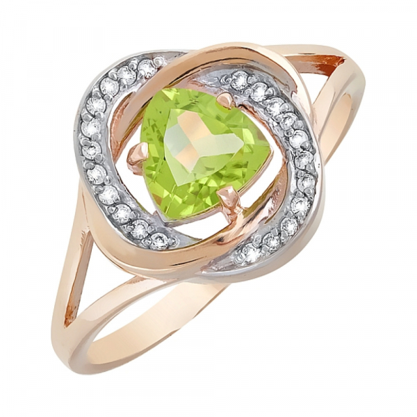 Золотое кольцо с хризолитом и фианитом № 119416