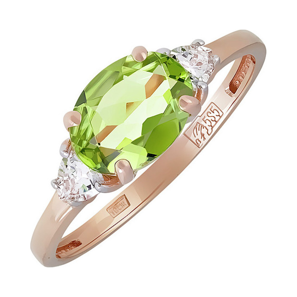 Золотое кольцо с хризолитом и фианитом № 135095