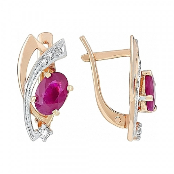 Золотые серьги с бриллиантом и рубином № 114791