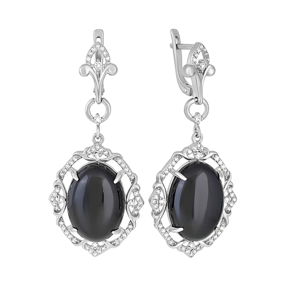 Серебряные серьги с черным  ониксом и фианитом № 128115