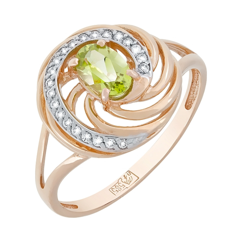 Золотое кольцо с хризолитом и фианитом № 118933