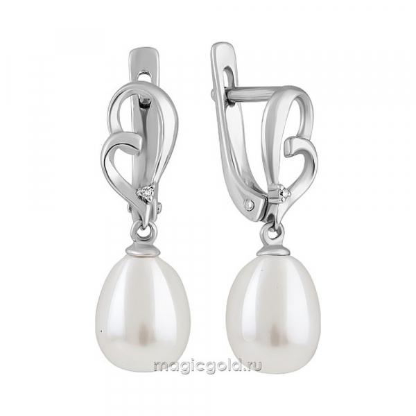 Серебряные серьги с культивированным жемчугом и фианитом № 162420