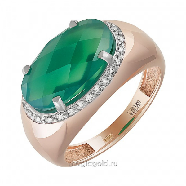 Золотое кольцо с зелёным ониксом и фианитом № 162929