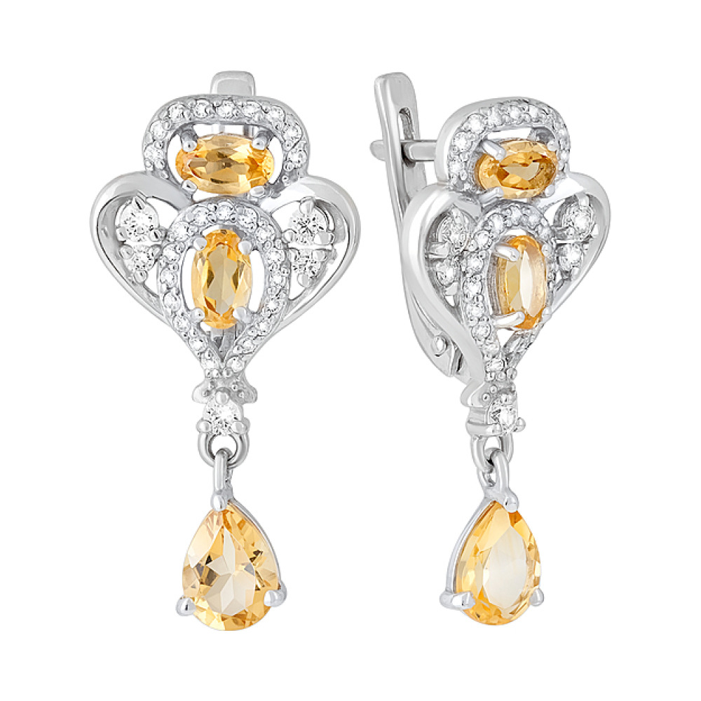 Серебряные серьги с цитрином и фианитом № 126926