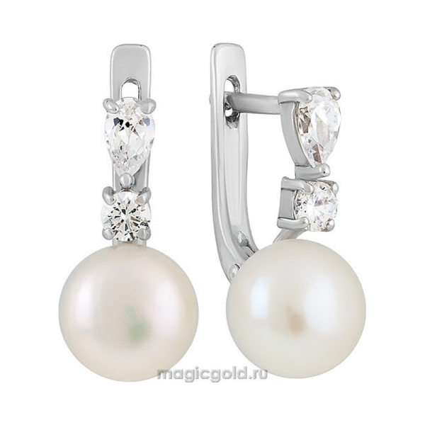 Серебряные серьги с жемчугом и фианитом № 135331