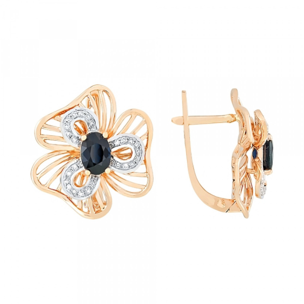 Золотые серьги с бриллиантом и сапфиром № 113734