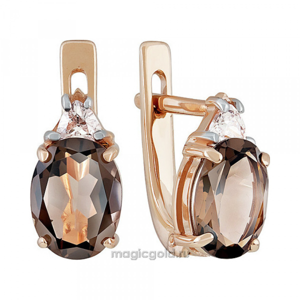 Золотые серьги с раухтопазом и фианитом № 135146