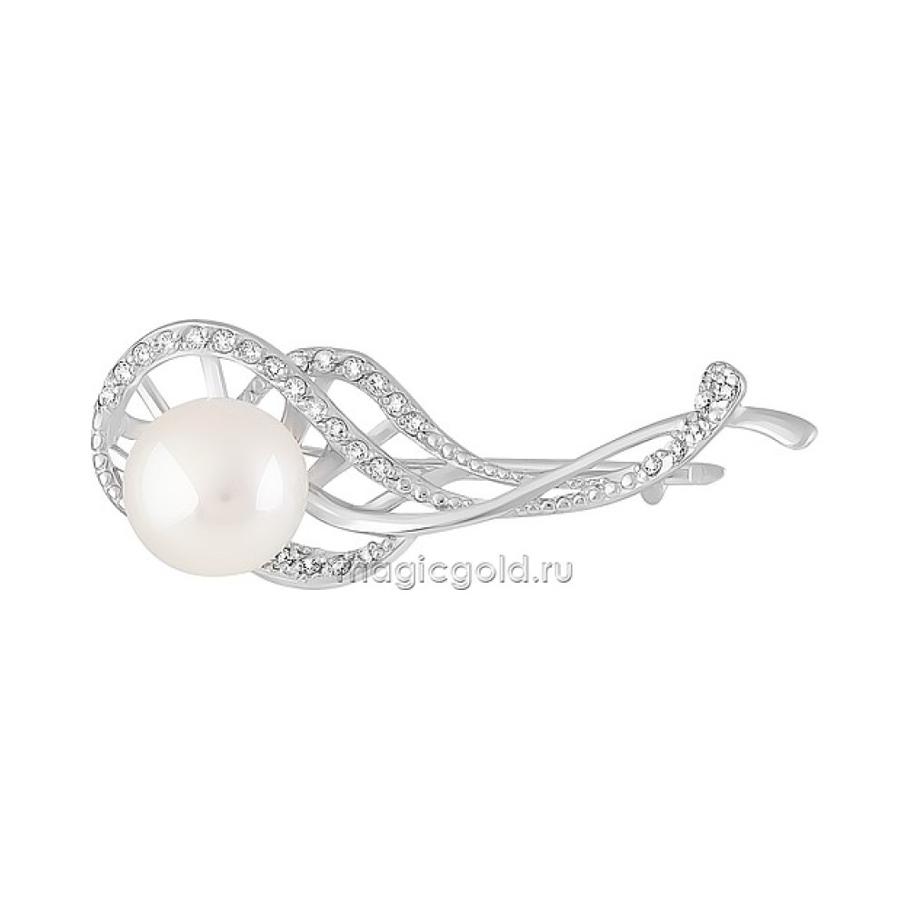 Серебряная брошь с жемчугом и фианитом № 161222