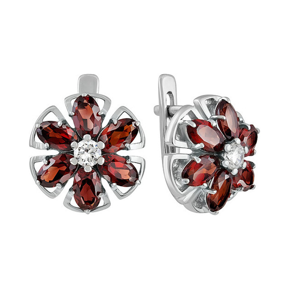 Серебряные серьги с гранатом и фианитом № 132784