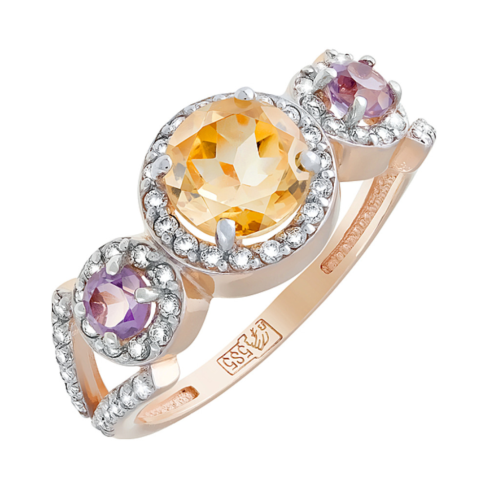 Золотое кольцо с полудрагоценными вставками и фианитом № 120649