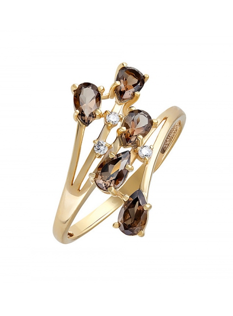 Серебряное кольцо с раухтопазом, фианитом и золотым покрытием № 132607