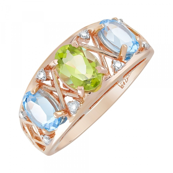 Золотое кольцо с полудрагоценными вставками и фианитом № 120458