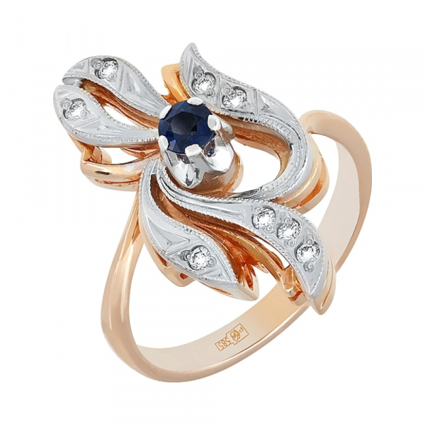 Золотое кольцо с бриллиантом и сапфиром № 4269