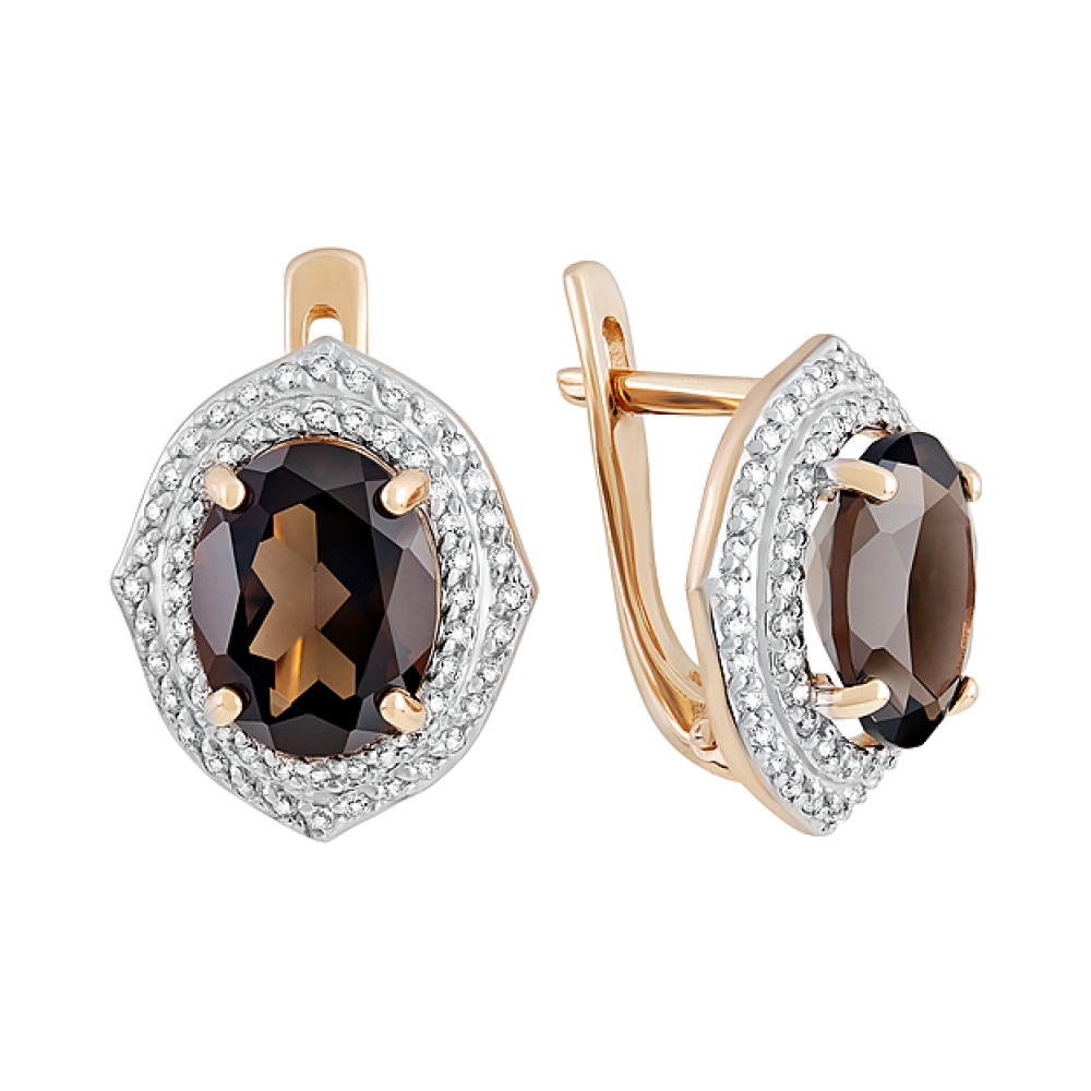 Золотые серьги с раухтопазом и фианитом № 131878