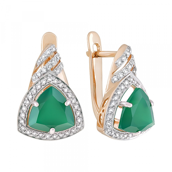 Золотые серьги с зелёным ониксом и фианитом № 127929