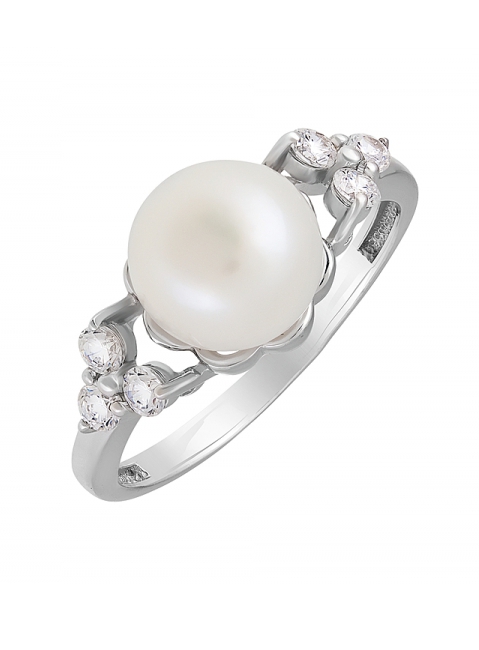 Серебряное кольцо с жемчугом и фианитом № 131614