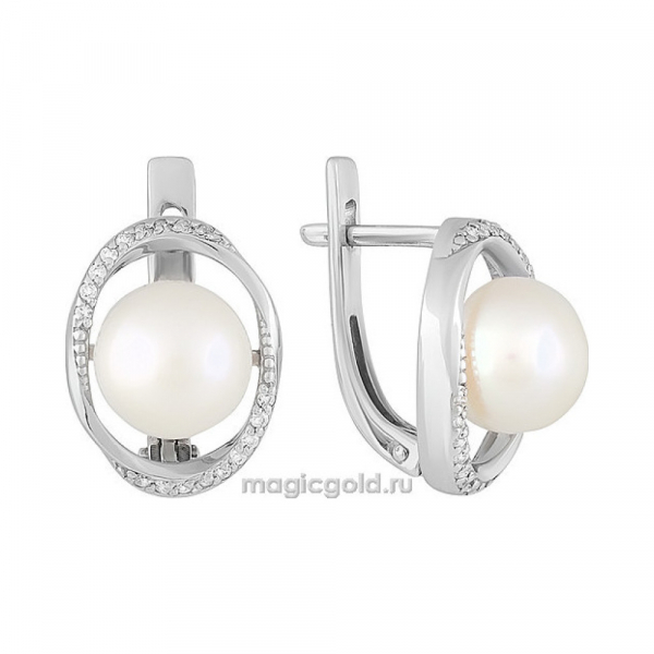 Серебряные серьги с жемчугом и фианитом № 151352