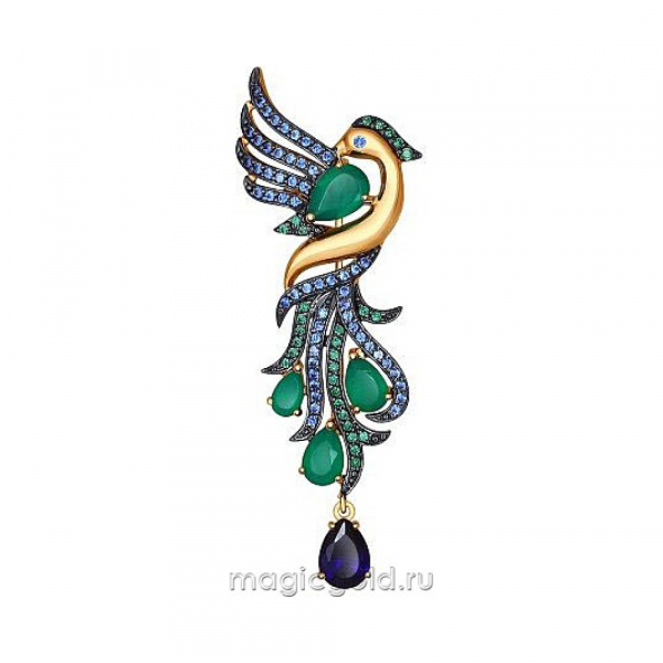 Золотая брошь с полудраг. вставками и фианитом № 136984