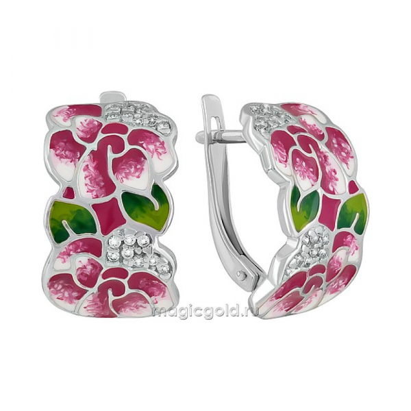 Серебряные серьги с эмалью и фианитом № 140459