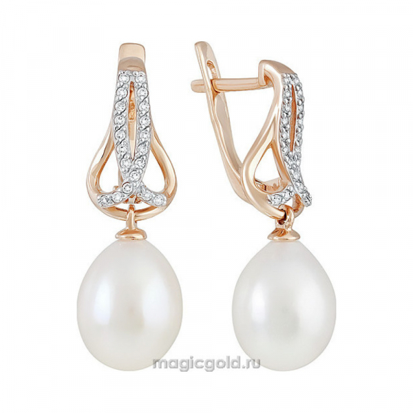 Золотые серьги с жемчугом и фианитом № 138289