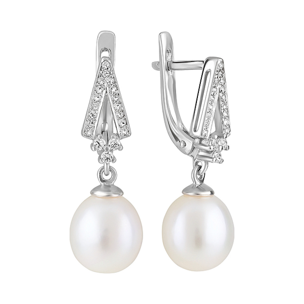 Серебряные серьги с жемчугом и фианитом № 124697