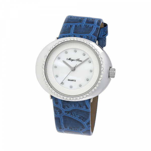 Часы кварцевые Magic Time с фианитами и перламутром на синем ремешке рептилия № 117230