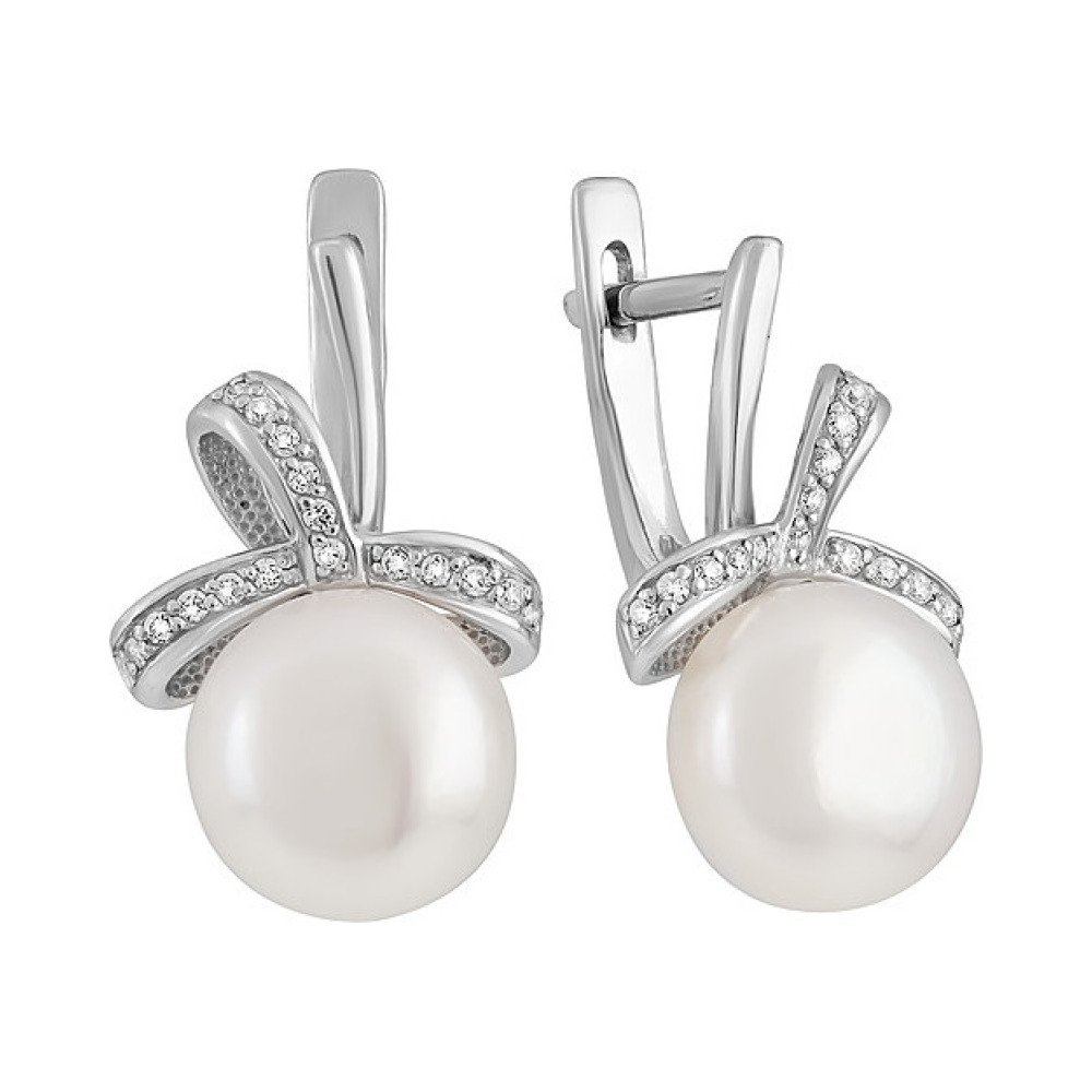 Серебряные серьги с жемчугом и фианитом № 131551