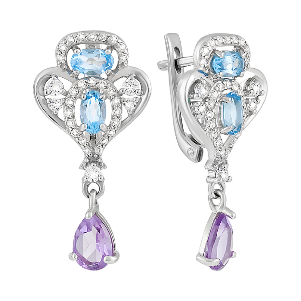 Серебряные серьги с полудрагоценными  вставками и фианитом № 126927