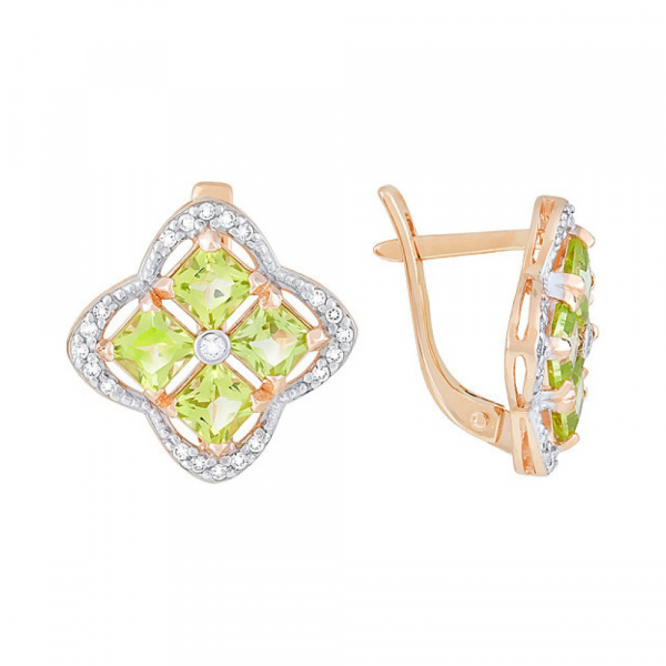 Золотые серьги с хризолитом и фианитом № 118947