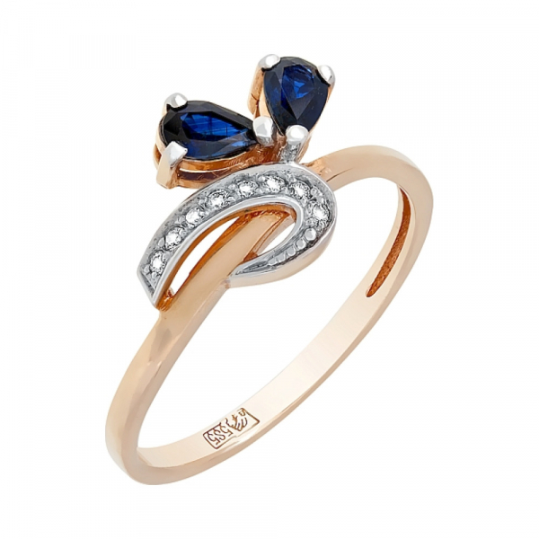 Золотое кольцо с бриллиантом и сапфиром № 96399