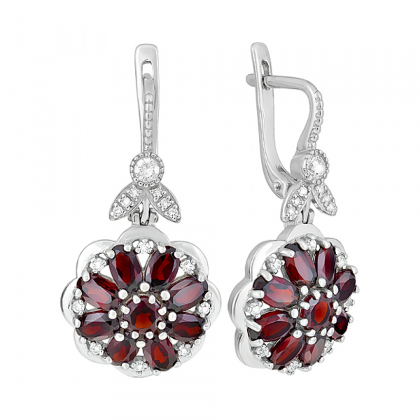 Серебряные серьги с гранатом и фианитом № 126629